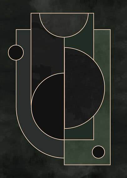 Abstraktes geometrisches Poster mit Kreisen und Rechtecken in Dunkelgrün und Schwarz