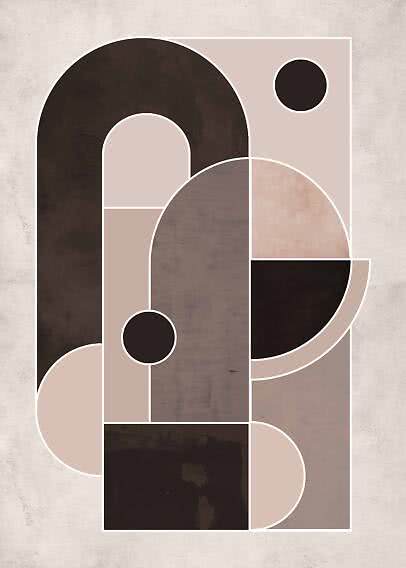 Abstrakt geometrisk plakat med buer og cirkler i beige, taupe og mørkebrun