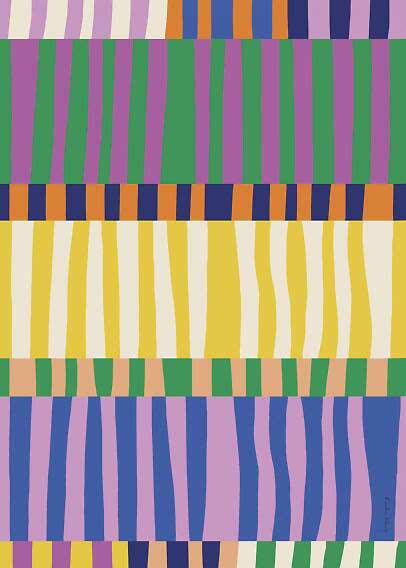 Abstract pattern of uneven vertical stripes in wide horizontal color bands.