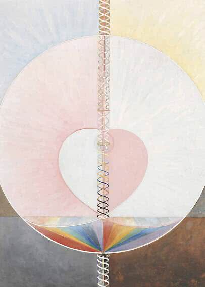 Abstract painting with a large circle, central heart shape and vertical spiral in soft pastel tones