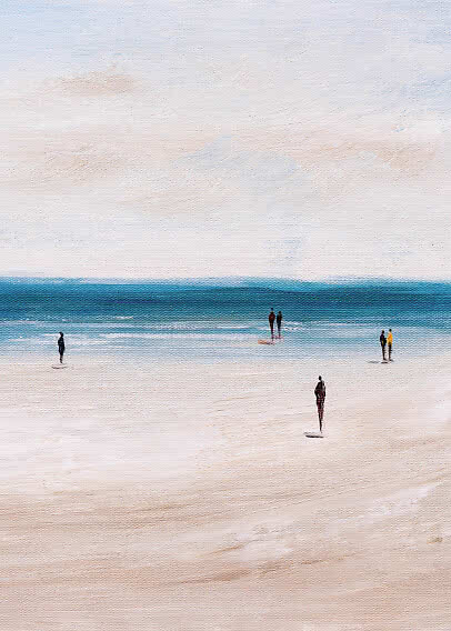 Abstract beach painting with small figures on wet sand by the sea under a pale sky