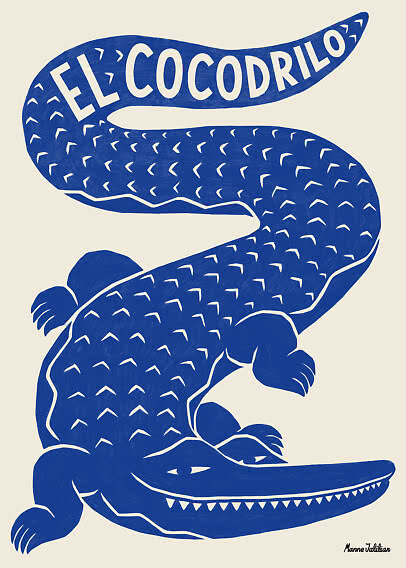 Blaue Illustration eines Krokodils mit dem Text „El Cocodrilo“ auf beigem Hintergrund