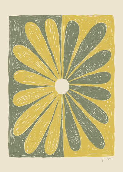 Abstraktes Blumenmotiv in Gelb und Salbeigrün mit geteiltem Hintergrund