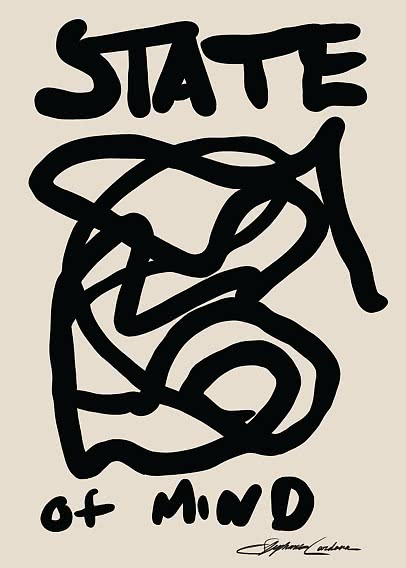 Dibujo abstracto de líneas negras con el texto "STATE OF MIND" sobre fondo beige