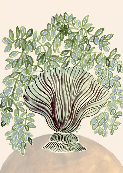 Illustration of a green striped vase with trailing green and pale blue leaves on a beige background
