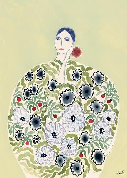 Illustration af kvinde i blomstrende kåbe med blå og hvide blomster på lysegrøn baggrund