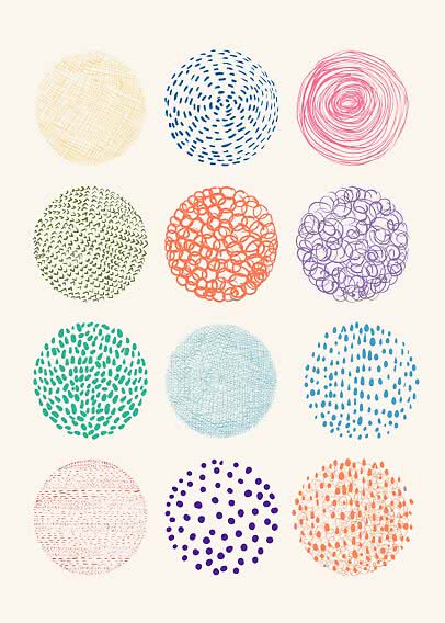 Poster with 12 colorful abstract circles in different patterns on a light background