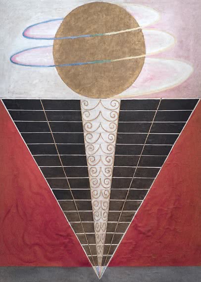 Opera astratta con cerchio dorato, anelli colorati e triangolo nero su sfondo rosso