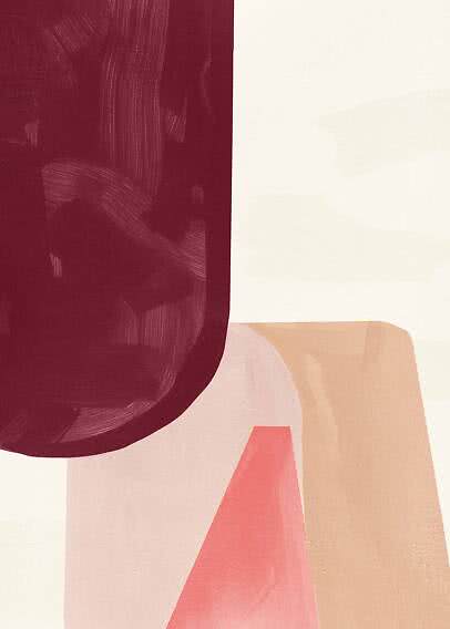 Abstrakt maleri med mørk bordeaux form og lyserøde, beige geometriske felter