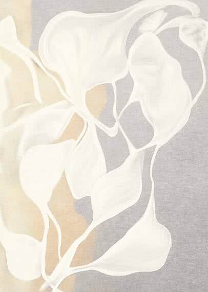 Abstrakt blomstermotiv med hvide organiske former på grå og beige baggrund