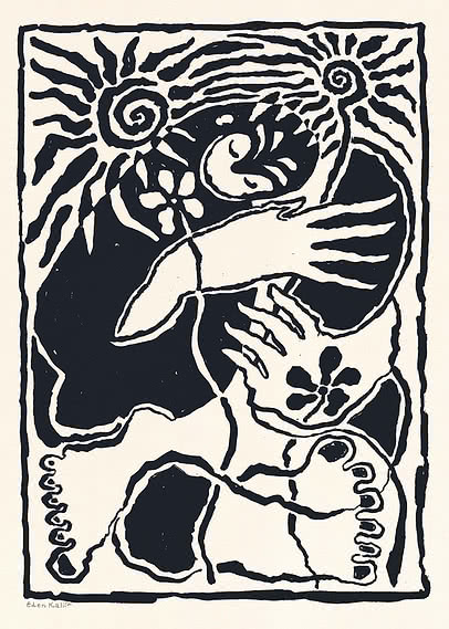 Schwarz-weißer abstrakter Druck mit Vogel, Blumen und spiraligen Sonnen.