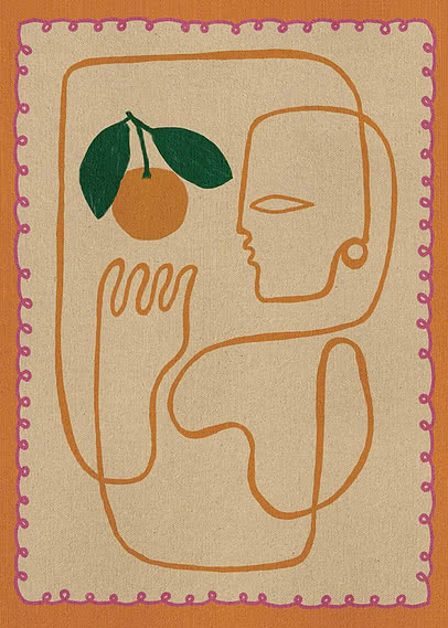 Abstrakte Linienzeichnung von Gesicht und Hand mit Orange auf beigem Hintergrund mit orange-pinkem Rand