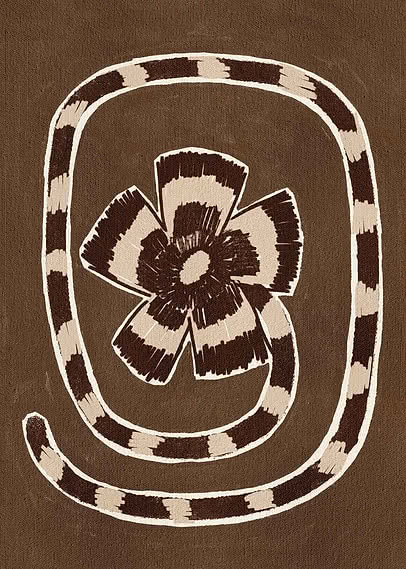 Brauner Stoff mit grafischer Blume und gedrehtem gestreiftem Band in Creme und Dunkelbraun