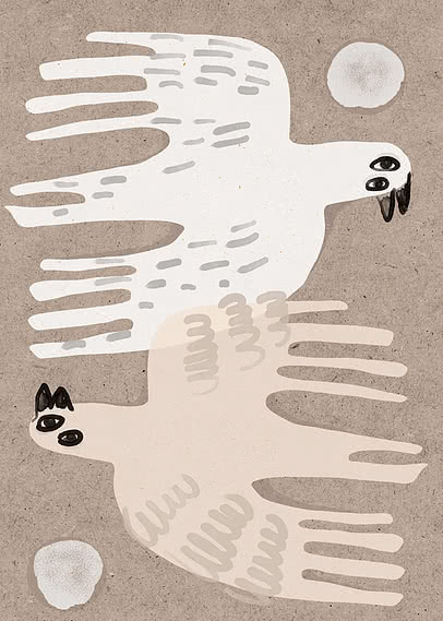 Illustration of two light-colored birds on a brown background with white circles