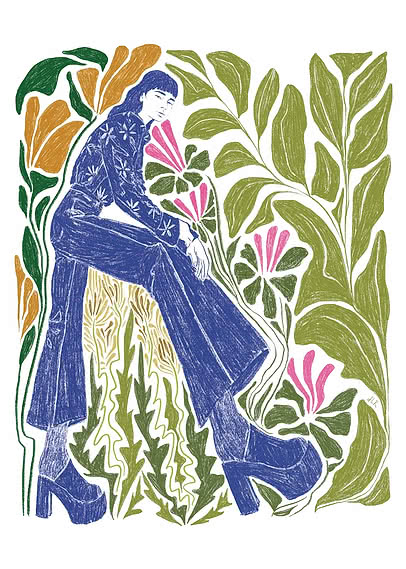Illustration av kvinna i blå outfit och platåskor bland stora gröna blad och rosa blommor