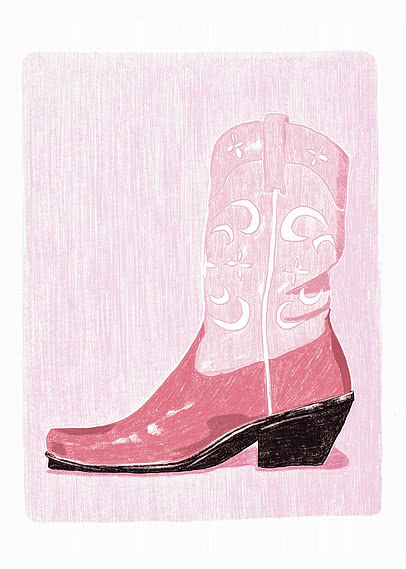 Illustration of a pink cowboy boot with black heel and white cutout details on a pink background