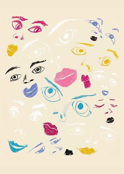 Lámina de arte abstracta con rostros, ojos y labios esbozados en rosa, azul, amarillo, negro y blanco