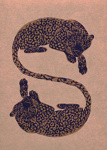 Two leopards in deep navy and gold on a dusty blush ground, one curled above and one stretched below, their tails meeting in an S-curve