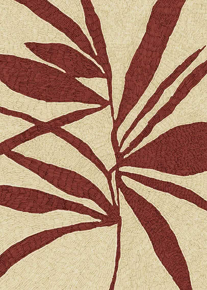 Museumsplakat med ATELIER ESENCIA i antikvaversaler over teglrøde blade, der folder sig ud over et sandgult billedfelt