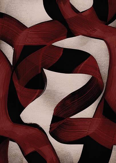 Wide bands of deep oxblood looping over a speckled warm grey ground with black filling the gaps between them