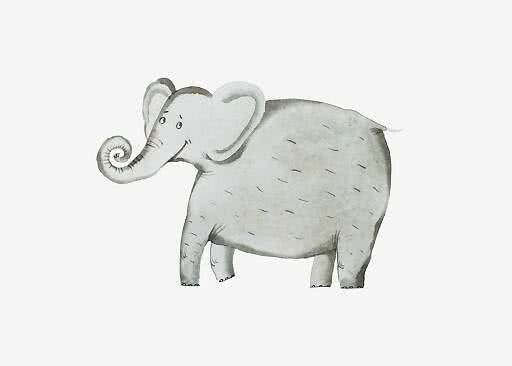 Håndmalet grå elefant med krøllet snabel på hvid baggrund