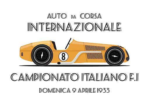 Vintage poster with yellow race car no. 8 and Italian racing text from 1933 on white background