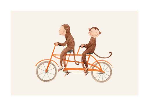 Illustration af to aber på en orange tandemcykel på lys baggrund