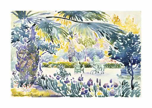 Aquarell eines üppigen Gartens mit Palmen, Blumen und grünem Tisch mit Stühlen im Sonnenlicht