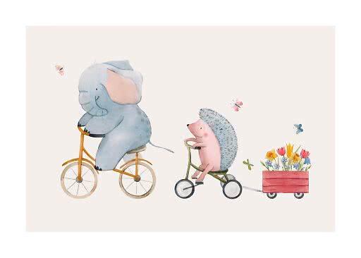 Watercolor elephant on a bicycle and hedgehog on a tricycle pulling flowers in a wagon