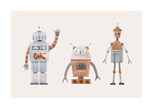 Akvarelillustration af tre søde retro-robotter på lys baggrund