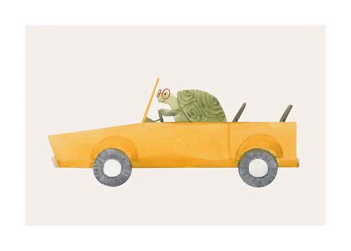 Illustration af en skildpadde med røde briller i en gul cabriolet