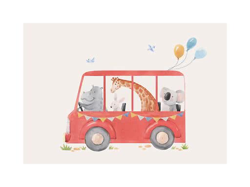 Watercolor of a red bus with a hippo, rabbit, giraffe and koala, plus balloons and birds