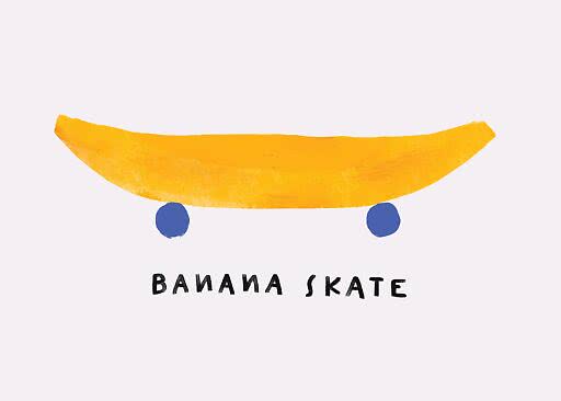 Illustration einer gelben Banane als Skateboard mit blauen Rollen und dem Text „Banana Skate“