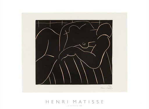 Henri-Matisse-Poster mit schwarzer Linienzeichnung einer ruhenden Frau auf hellem Hintergrund