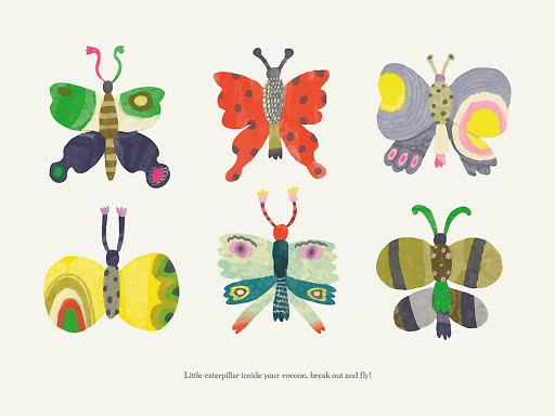 Ilustración de seis mariposas coloridas y fantasiosas sobre fondo claro con texto pequeño abajo