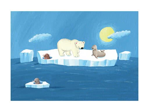 Gemälde mit Eisbär und Robben auf Eisschollen im Meer unter gelber Sonne und Wolken