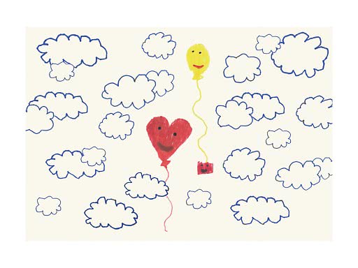 Tegning med blå skyer og to smilede balloner, et rødt hjerte og en gul ballon.