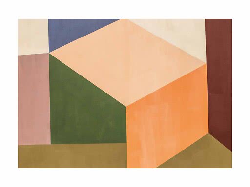 Abstrakt geometrisk målning med färgfält i grönt, persika, orange, blått och brunt