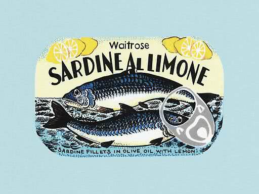 Illustrierte Waitrose-Sardinendose mit Zitrone, Sardinen in Olivenöl auf hellblauem Hintergrund
