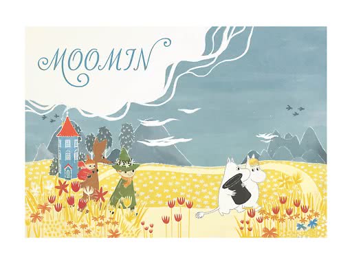 Mumin-Buchcover mit Mumin, Snorkfräulein und Klein My auf einer Blumenwiese