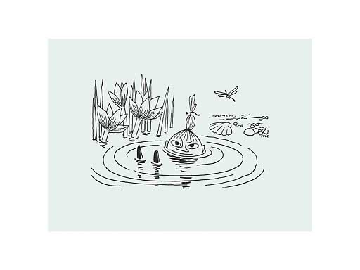 Illustration af lille figur i vand med siv, blomster og guldsmede på lyseblå baggrund