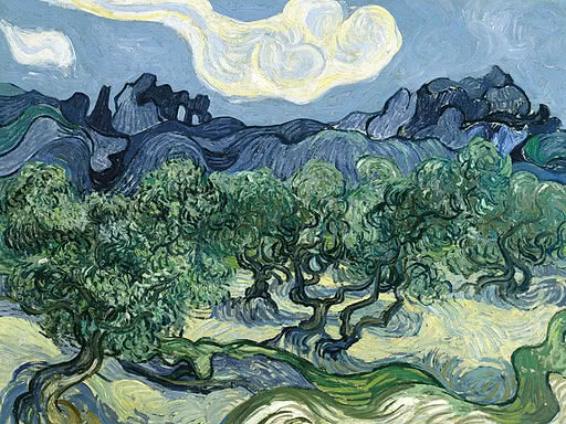 Expressive painting of olive trees, rolling hills, and bright clouds in blue and green tones