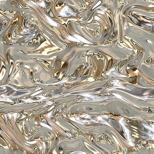 Metallo fuso colto a metà colata, ripiegato in creste e pozze di oro champagne, argento freddo e sabbia calda