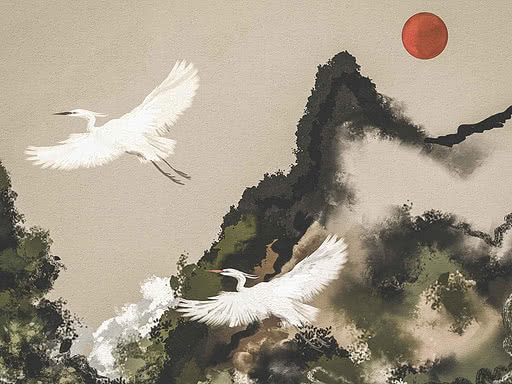 Due garzette bianche su un paesaggio nebbioso a inchiostro, una vetta scura tra velature verdi e grigie e un disco rosso come sole