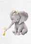 Akvarel af lille grå elefant med blomsterkrans, der rækker en kvist til en gul and.