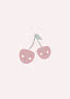 Minimalist illustration of two pink cherries with cute faces on a light background