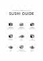 Illustreret sushi-guide plakat med ni sushityper og navne på hvid baggrund.