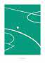 Poster minimalista di un campo da calcio verde con linee bianche e palla bianca