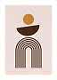 Abstract poster with mustard circle, brown half circle and arched lines on a light pink background
