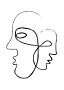 Minimalistische Linienzeichnung von zwei abstrakten Gesichtern im Profil auf weißem Hintergrund
